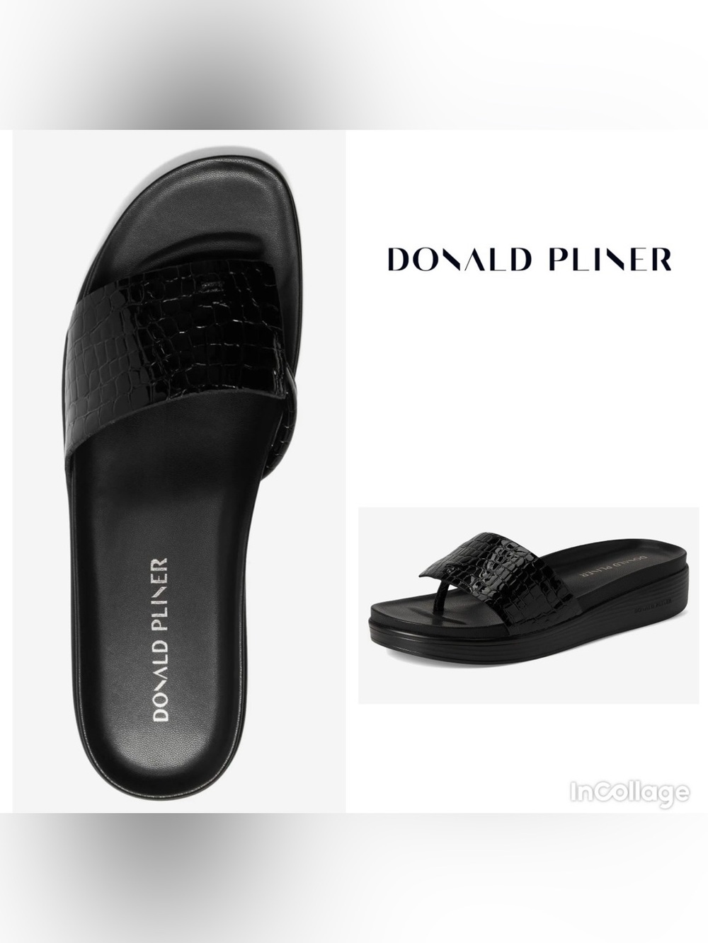 Donald J. Pliner “Fifi” Black Leather Croc Embossed Slide Sandals